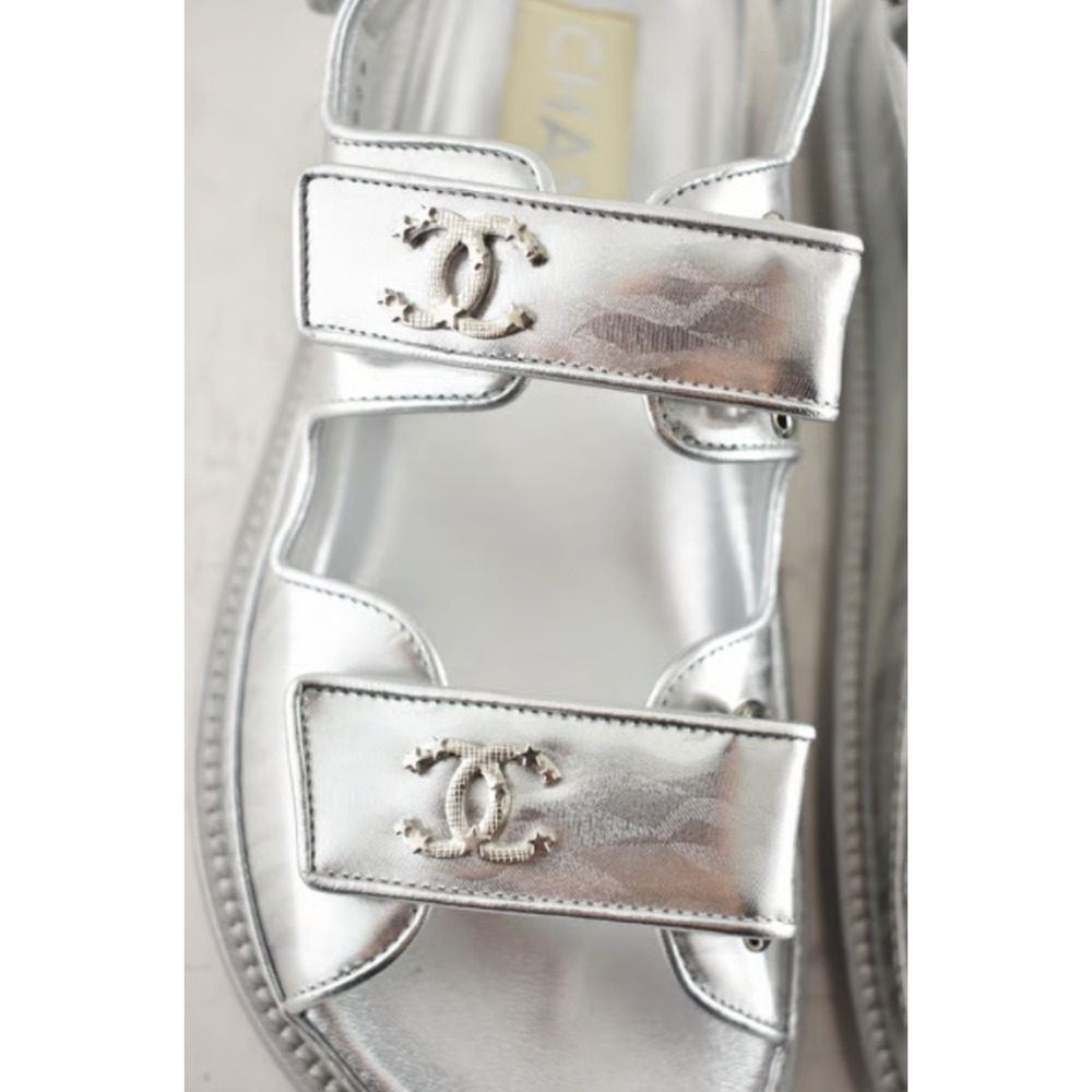 Chanel 22C Silver Laminated Star CC Logo Mule Slide Strap Flat Dad Sandal 35.5 - Picture 10 of 12